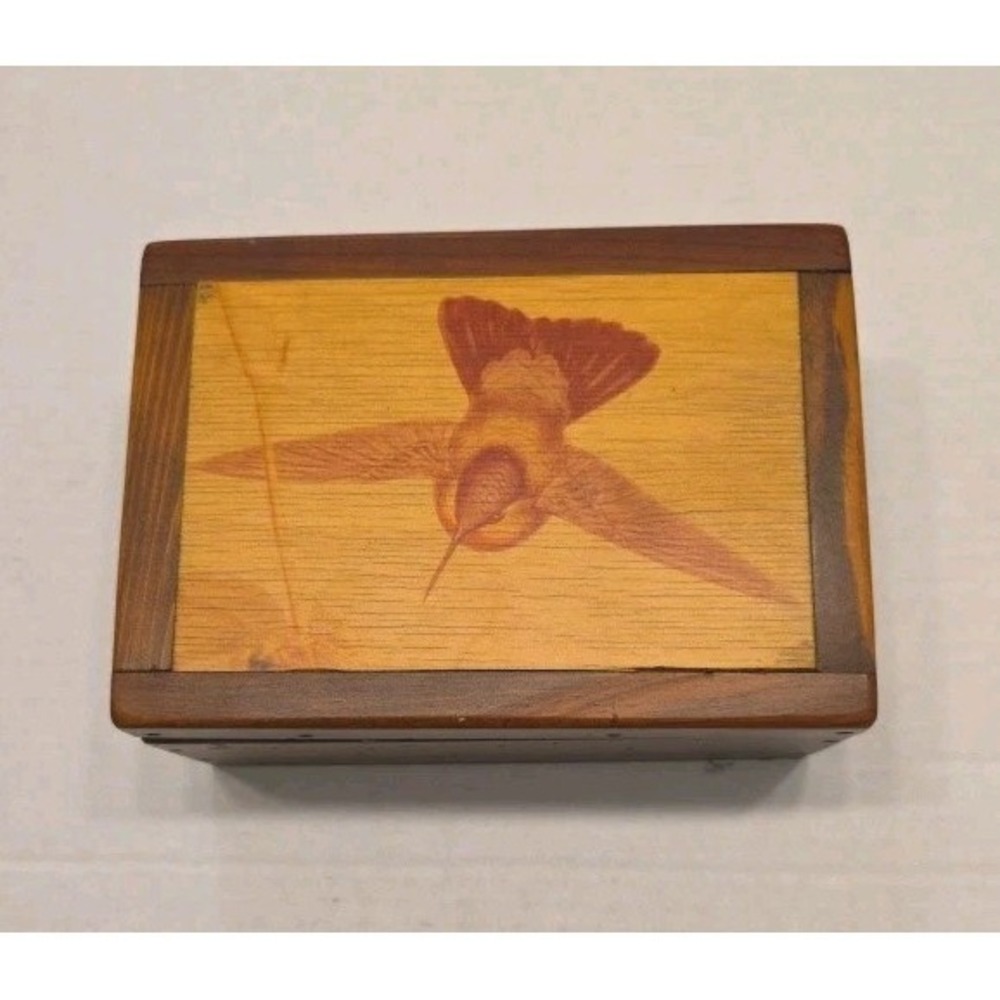 VTG Handcrafted Wood Marquetry Hummingbird Trinket Box Inlay Jewelry Keepsake